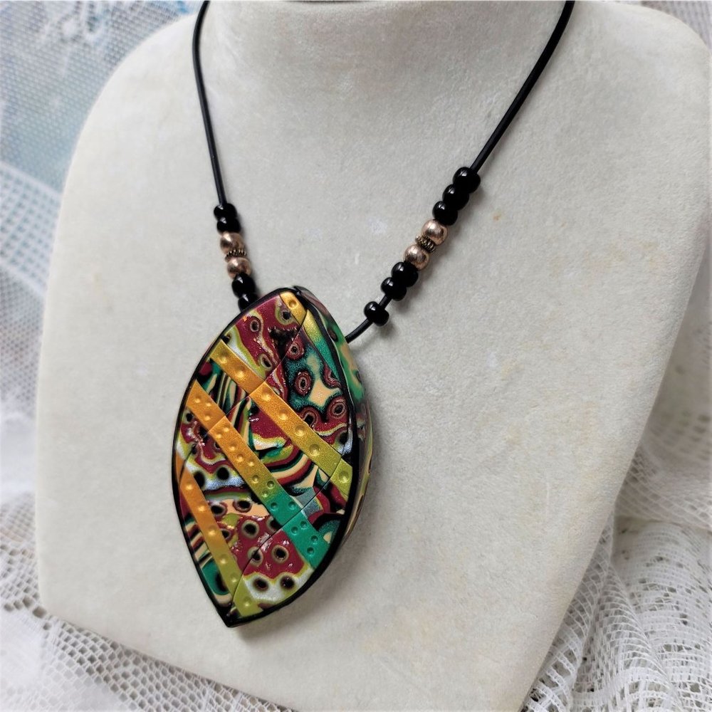 Modern Clay Colorful Necklace w/ Black Cord - Picture 6 of 9